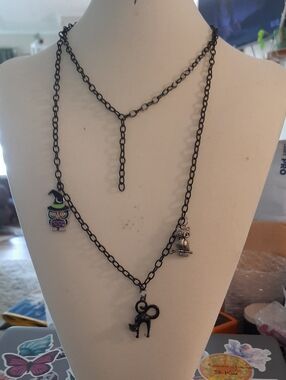 Black Multi-Charm Layered Necklace — Cute Owl, Cat & Witch Hat Accents